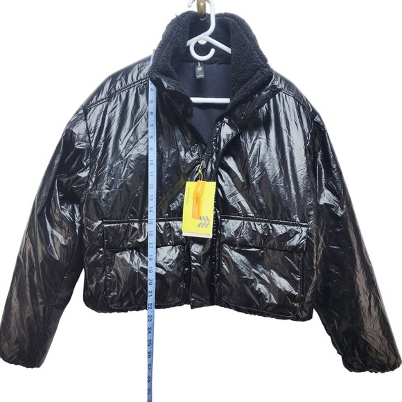 Allmotion Womens Black Shiny Cropped Puffer Jacket With Sherpa Collar Size L - Picture 4 of 8